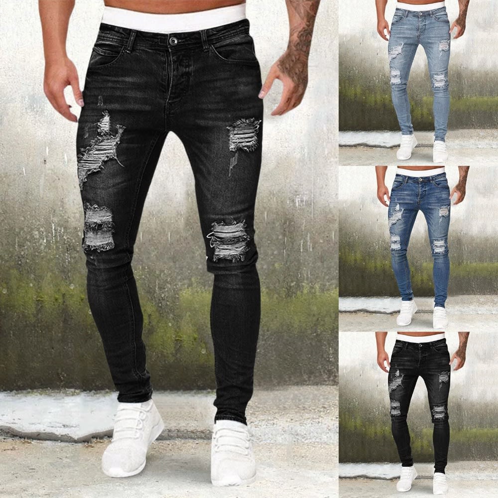 2024 Men's Fashion Street Style Ripped Skinny Jeans: Stretchy Destroyed Slim Fit Denim Pants